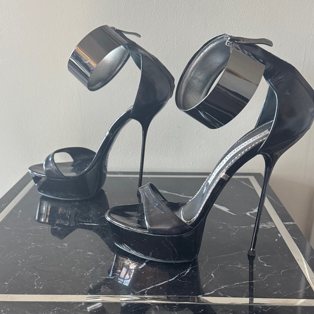 Gianmarco Lorenzi Ankle Cuff Black Patent Platform Sandals Needle Heel 38 Fetish